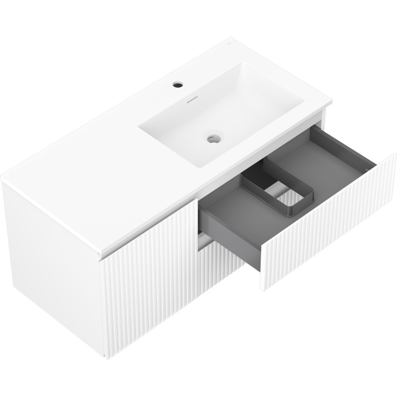 Mexen Rivel 100 cm bathroom cabinet with Otis right sink, 2 drawers, 1 door, fluted, matte white - 91A23-10047-3-BBFFF01-W18P01