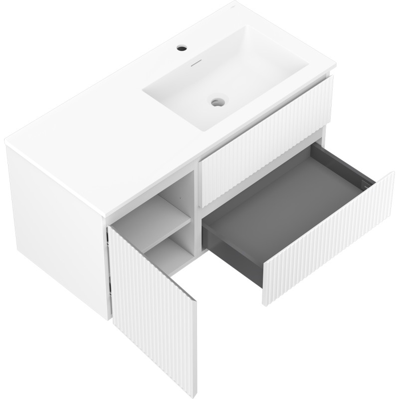 Mexen Rivel 100 cm bathroom cabinet with Otis right sink, 2 drawers, 1 door, fluted, matte white - 91A23-10047-3-BBFFF01-W18P01