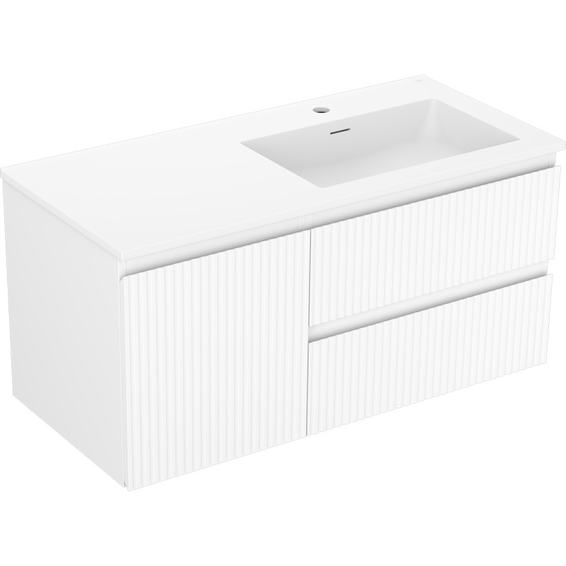 Mexen Rivel 100 cm bathroom cabinet with Otis right sink, 2 drawers, 1 door, fluted, matte white - 91A23-10047-3-BBFFF01-W18P01