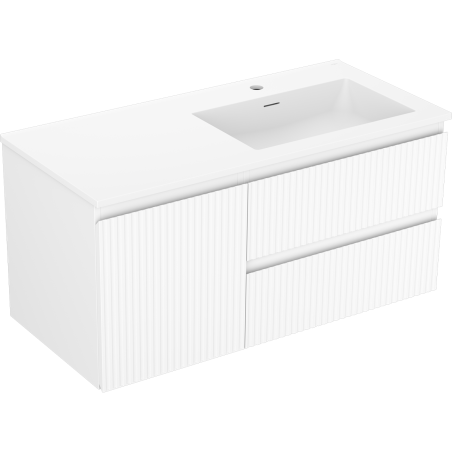 Mexen Rivel 100 cm bathroom cabinet with Otis right sink, 2 drawers, 1 door, fluted, matte white - 91A23-10047-3-BBFFF01-W18P01