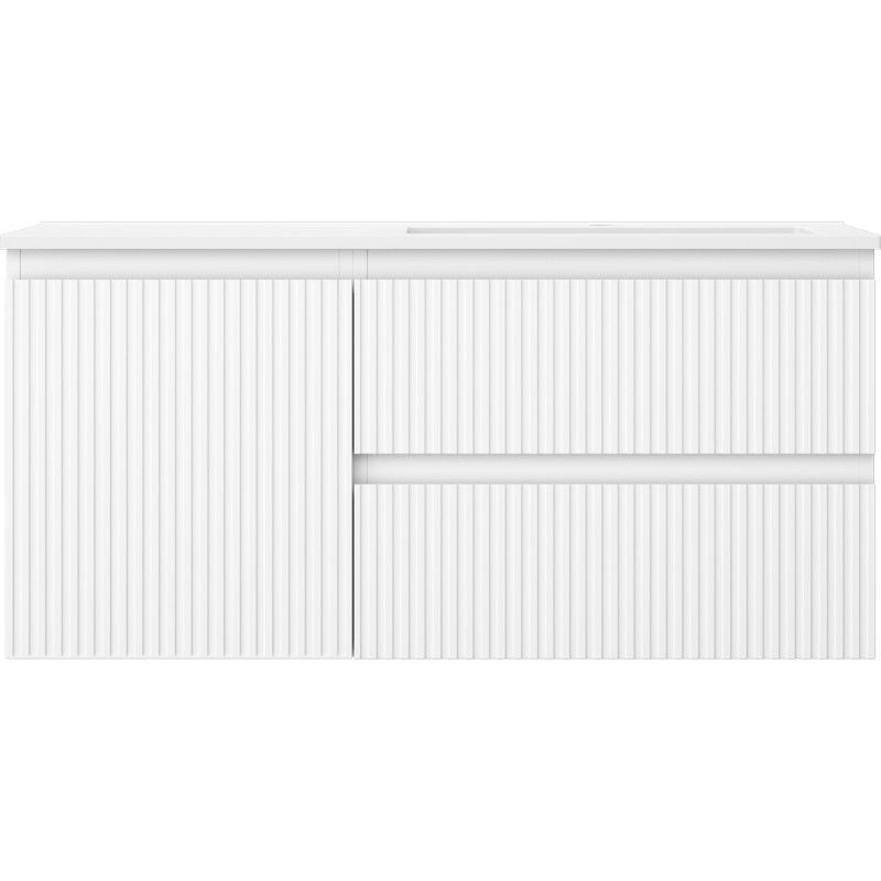 Mexen Rivel 100 cm bathroom cabinet with Otis right sink, 2 drawers, 1 door, fluted, matte white - 91A23-10047-3-BBFFF01-W18P01