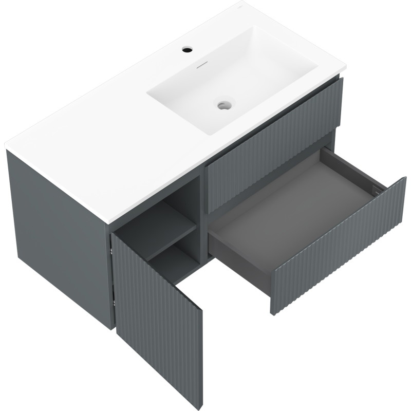 Mexen Rivel 100 cm bathroom cabinet with Otis right sink, 2S, 1D, fluted, graphite/white matte - 91A23-10047-3-BBFFF66-W18P01