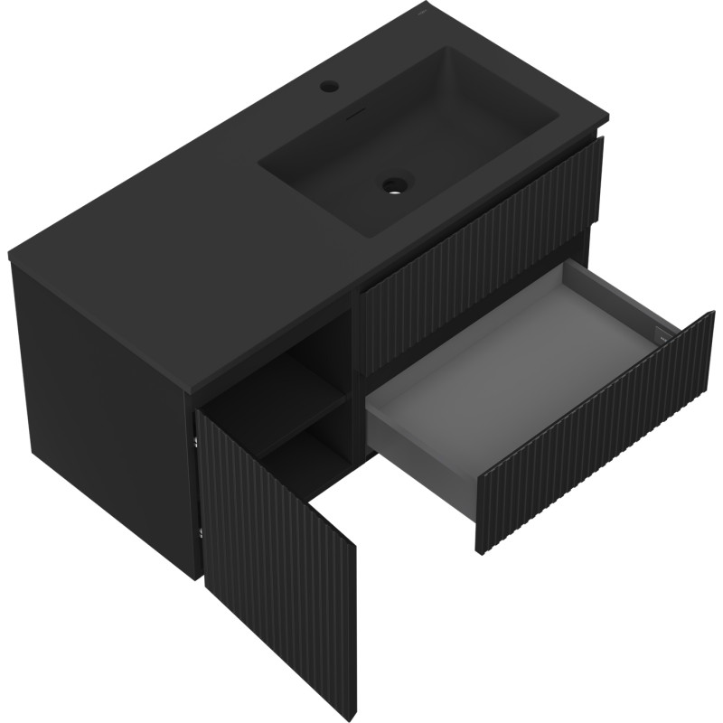 Mexen Rivel 100 cm Bathroom Cabinet with Otis Right Sink, 2S, 1D, Fluted, Black Matte - 91A23-10047-3-BBFFF71-W18P71