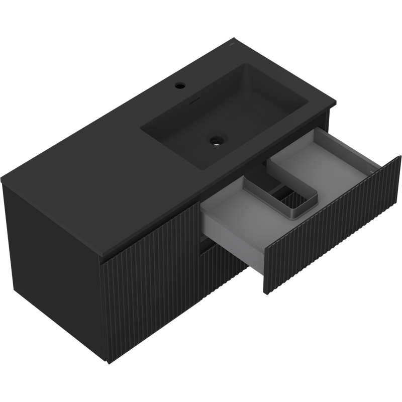 Mexen Rivel bathroom cabinet 100 cm with Otis right basin, 2S, 1D, grooved, matte black - 91A23-10047-3-BBFFF71-W18P71