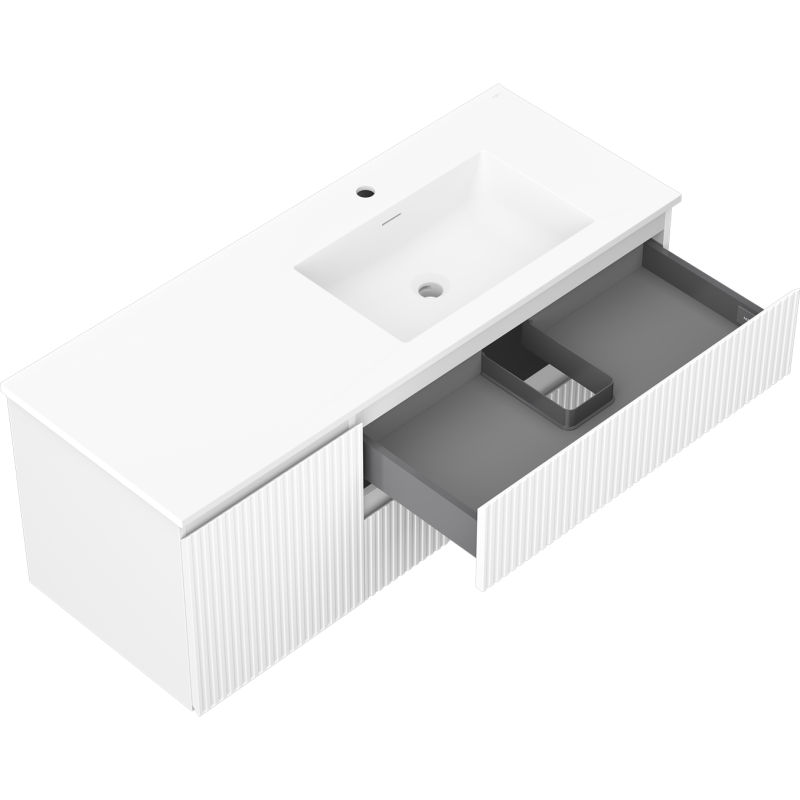 Mexen Rivel bathroom cabinet 120 cm with Otis right sink, 2S, 1D, grooved, matte white - 91A23-12047-3-BBFFF01-W18P01