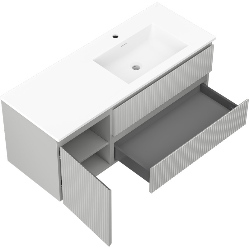 Mexen Rivel 120 cm bathroom cabinet with right Otis sink, 2 drawers, 1 door, grooved, gray/white matte