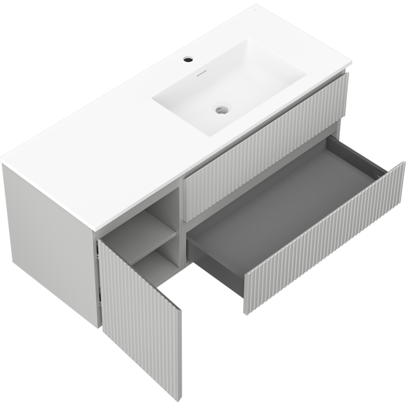 Mexen Rivel bathroom cabinet 120 cm with Otis right washbasin, 2S, 1D, fluted, gray/white matte - 91A23-12047-3-BBFFF62-W18P01