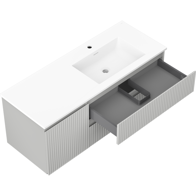 Mexen Rivel bathroom cabinet 120 cm with Otis right washbasin, 2S, 1D, fluted, gray/white matte - 91A23-12047-3-BBFFF62-W18P01