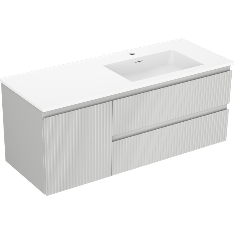 Mexen Rivel 120 cm bathroom cabinet with right Otis sink, 2 drawers, 1 door, grooved, gray/white matte