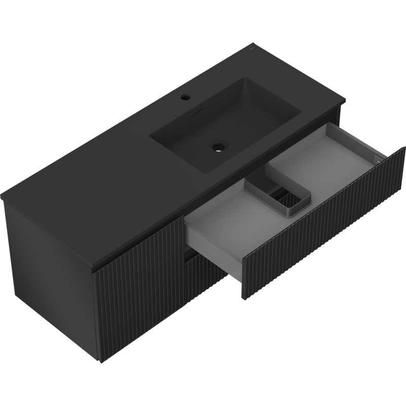 Mexen Rivel bathroom cabinet 120 cm with Otis right-hand sink, 2S, 1D, grooved, black matte - 91A23-12047-3-BBFFF71-W18P71