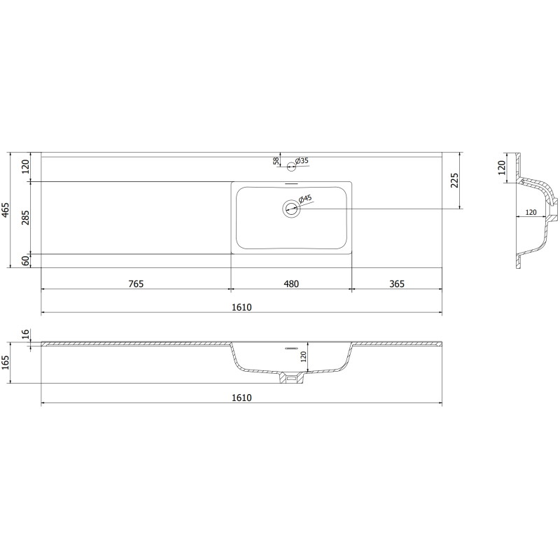 Mexen Rivel 160 cm Bathroom Cabinet with Right Sink Otis, 2 Drawers, 1 Door, Grooved, White Matte - 91A23-16047-3-BBFFF01-W18P01