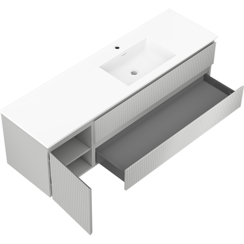 Mexen Rivel bathroom cabinet 160 cm with right Otis sink, 2 drawers, 1 door, grooved, gray/white matte