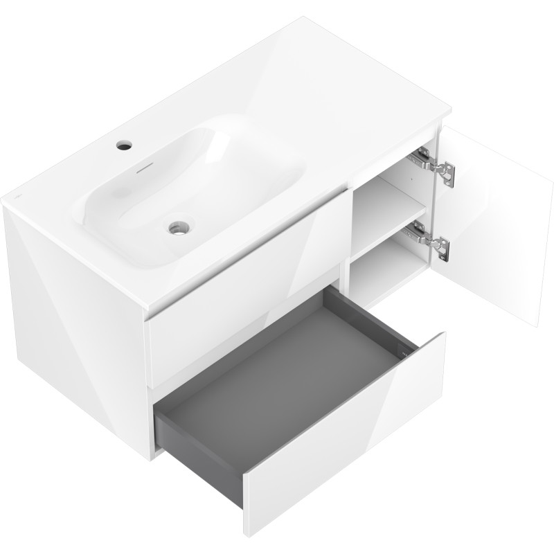 Mexen Orio 90 cm Bathroom Cabinet with Left Sink Vela, 2S, 1D, White Gloss - 91A13-09047-3-BBFFF00-W23L00