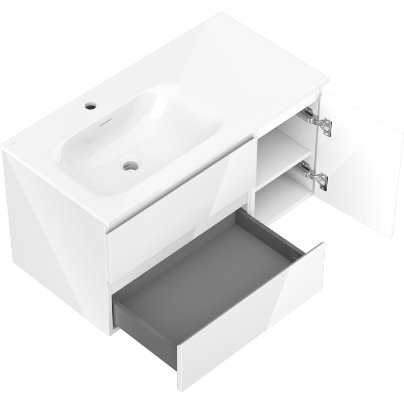 Mexen Orio 90 cm Bathroom Cabinet with Left Vela Sink, 2 Drawers, 1 Door, White Gloss - 91A13-09047-3-BBFFF00-W23L00