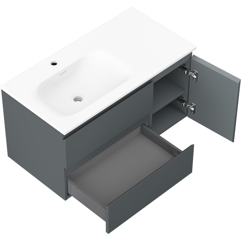 Mexen Orio 90 cm bathroom cabinet with Vela left sink, 2S, 1D, matte graphite/matte white - 91A13-09047-3-BBFFF66-W23L01