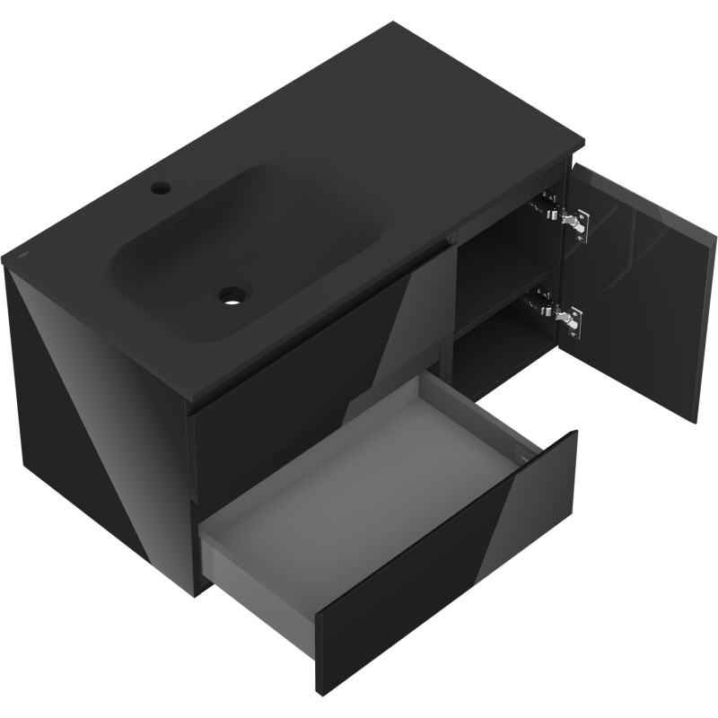 Mexen Orio 90 cm bathroom cabinet with Vela left basin, 2S, 1D, black gloss/black matte - 91A13-09047-3-BBFFF70-W23L71