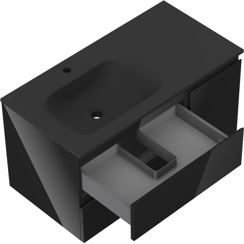 Mexen Orio 90 cm bathroom cabinet with Vela left basin, 2S, 1D, black gloss/black matte - 91A13-09047-3-BBFFF70-W23L71