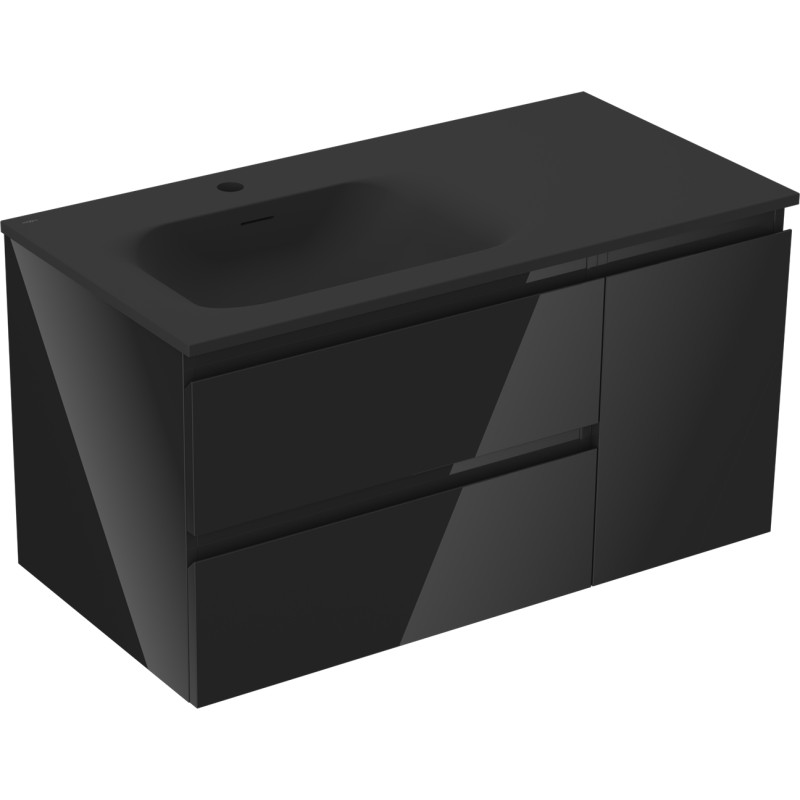 Mexen Orio 90 cm bathroom cabinet with Vela left basin, 2S, 1D, black gloss/black matte - 91A13-09047-3-BBFFF70-W23L71