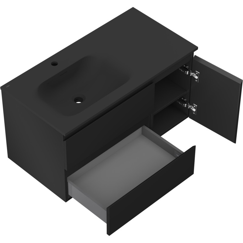 Mexen Orio 90 cm Bathroom Cabinet with Left Vela Sink, 2S, 1D, Matte Black - 91A13-09047-3-BBFFF71-W23L71
