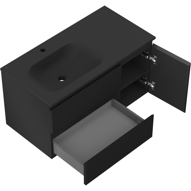 Mexen Orio bathroom cabinet 90 cm with Vela left sink, 2S, 1D, black matte - 91A13-09047-3-BBFFF71-W23L71