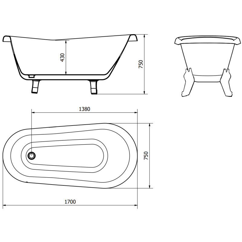 Mexen Retro freestanding bathtub 170 x 75 cm, white, gold legs - 53251707500-50
