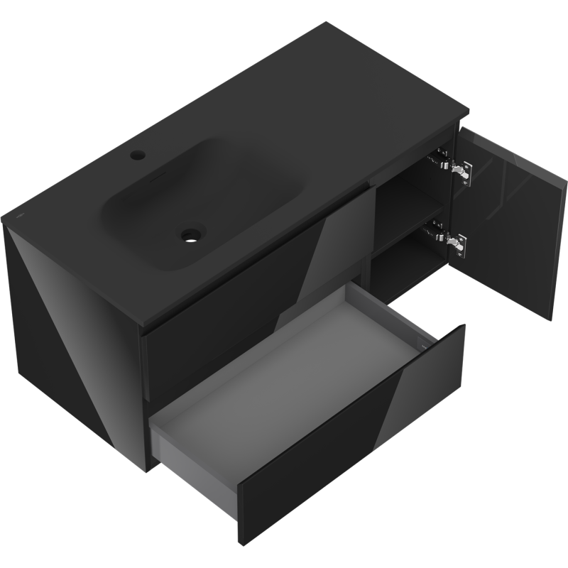 Mexen Orio bathroom cabinet 100 cm with Vela left sink, 2S, 1D, black gloss/black matte - 91A13-10047-3-BBFFF70-W23L71