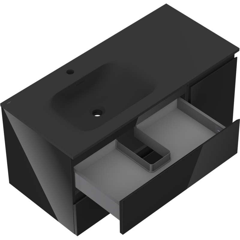 Mexen Orio bathroom cabinet 100 cm with Vela left sink, 2S, 1D, black gloss/black matte - 91A13-10047-3-BBFFF70-W23L71