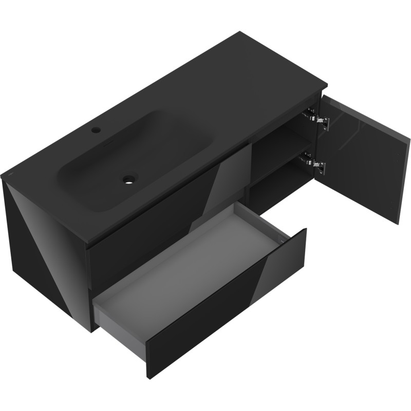 Mexen Orio 120 cm bathroom cabinet with left Vela sink, 2S, 1D, black gloss/black matte - 91A13-12047-3-BBFFF70-W23L71