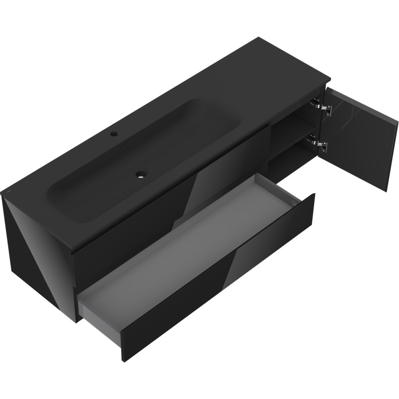 Mexen Orio bathroom cabinet 160 cm with left Vela sink, 2S, 1D, black gloss/black matte - 91A13-16047-3-BBFFF70-W23L71