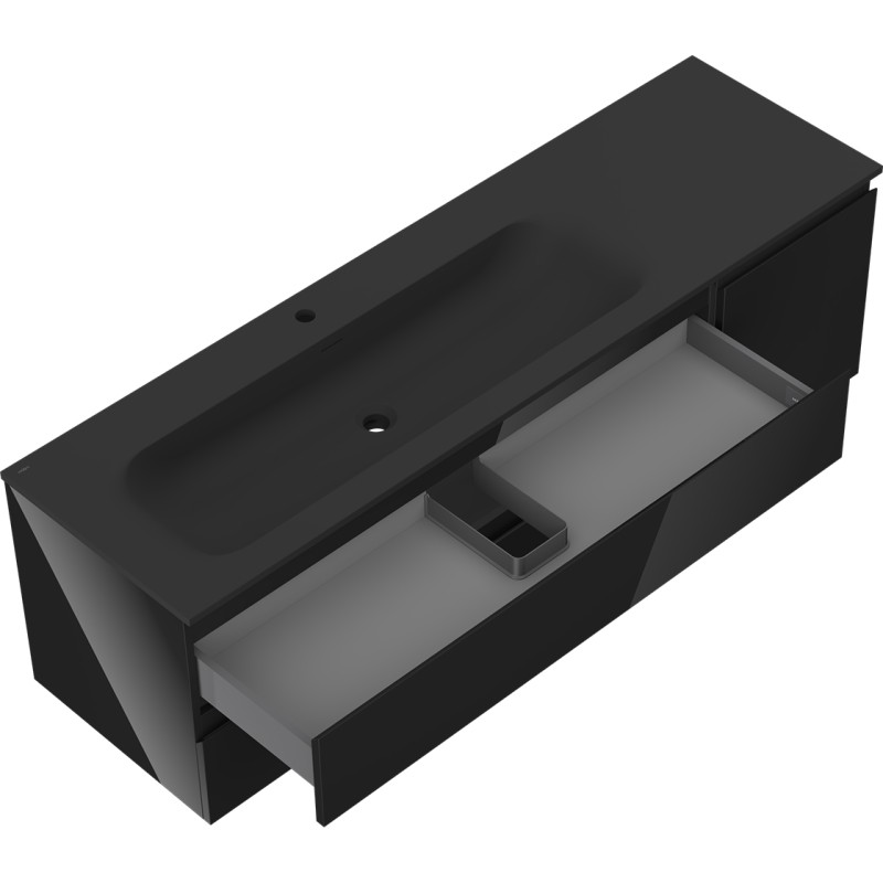Mexen Orio bathroom cabinet 160 cm with left Vela sink, 2S, 1D, black gloss/black matte - 91A13-16047-3-BBFFF70-W23L71