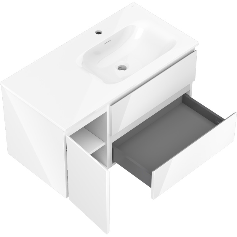 Mexen Orio 90 cm Bathroom Cabinet with Right Vela Sink, 2S, 1D, White Glossy - 91A13-09047-3-BBFFF00-W23P00