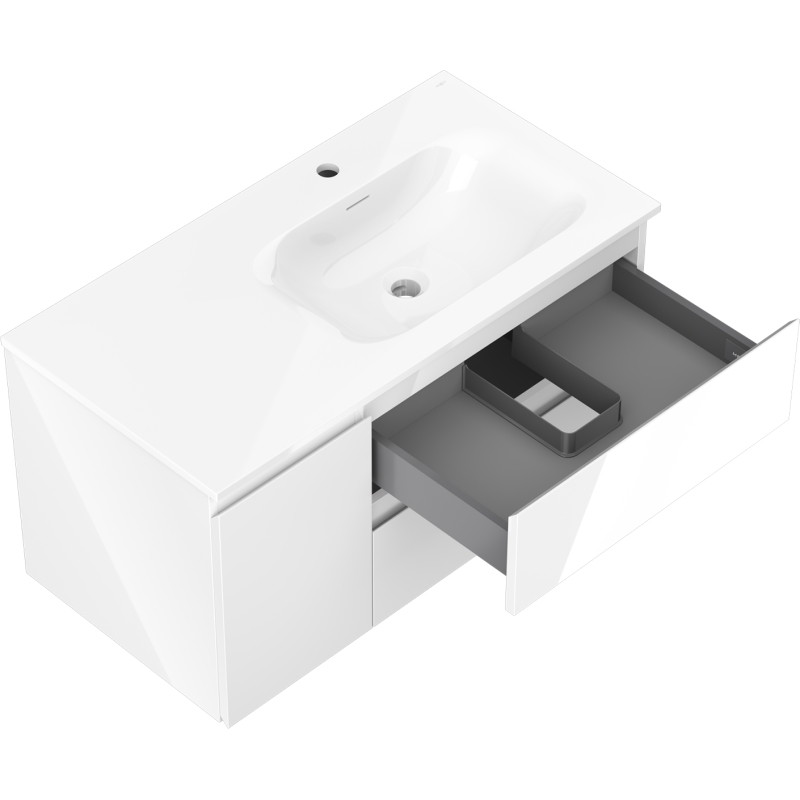 Mexen Orio 90 cm Bathroom Cabinet with Right Vela Sink, 2S, 1D, White Glossy - 91A13-09047-3-BBFFF00-W23P00