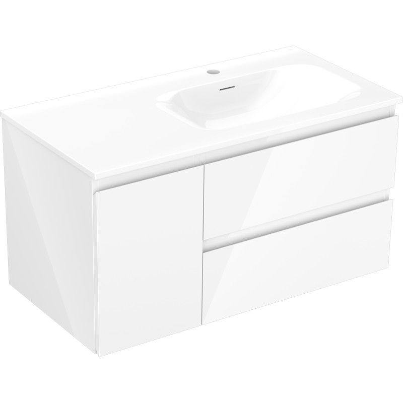 Mexen Orio 90 cm Bathroom Cabinet with Right Vela Sink, 2S, 1D, White Glossy - 91A13-09047-3-BBFFF00-W23P00