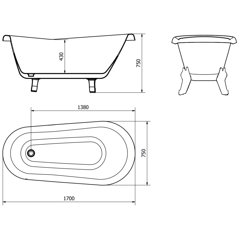 Mexen Retro freestanding bathtub 170 x 75 cm, white/black, gold legs - 53251707575-50