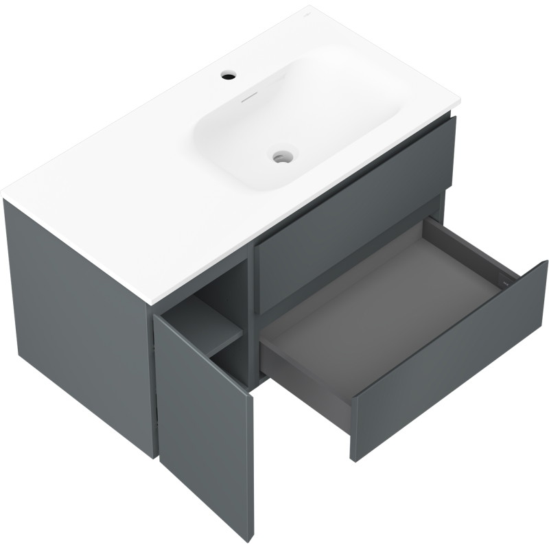 Mexen Orio 90 cm bathroom cabinet with Vela sink right, 2S, 1D, matte graphite/white matte - 91A13-09047-3-BBFFF66-W23P01