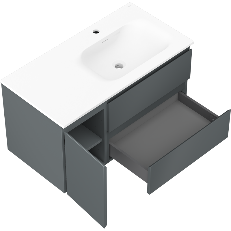 Mexen Orio bathroom cabinet 90 cm with right Vela sink, 2S, 1D, graphite matte/white matte - 91A13-09047-3-BBFFF66-W23P01