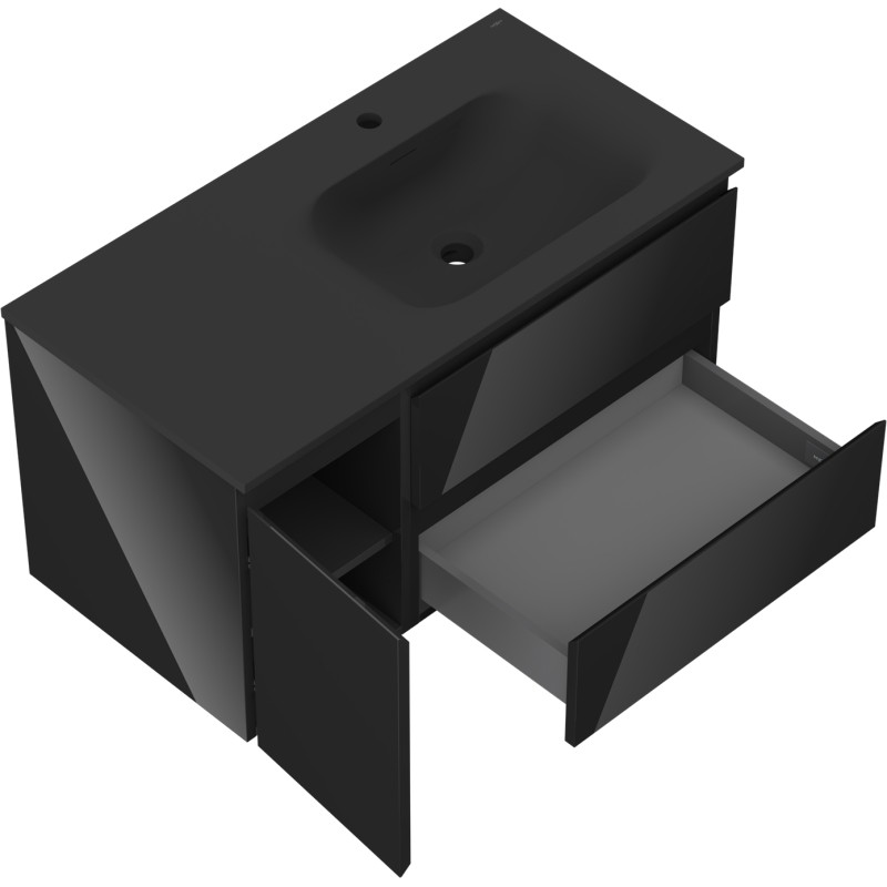 Mexen Orio 90 cm Bathroom Cabinet with Vela Right Sink, 2S, 1D, Black Gloss/Black Matte - 91A13-09047-3-BBFFF70-W23P71