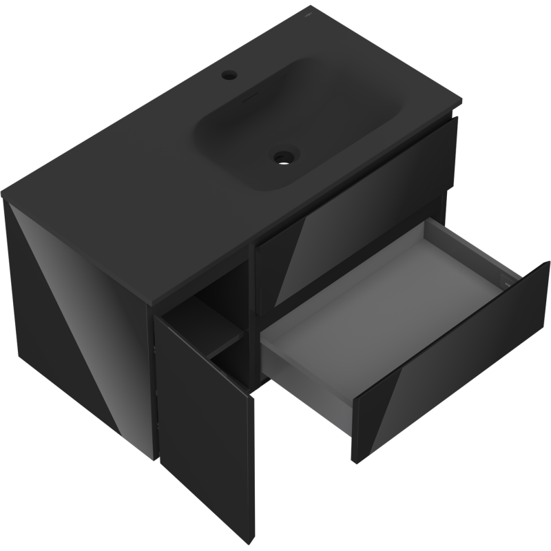 Mexen Orio bathroom cabinet 90 cm with Vela right sink, 2S, 1D, black gloss/black matte - 91A13-09047-3-BBFFF70-W23P71