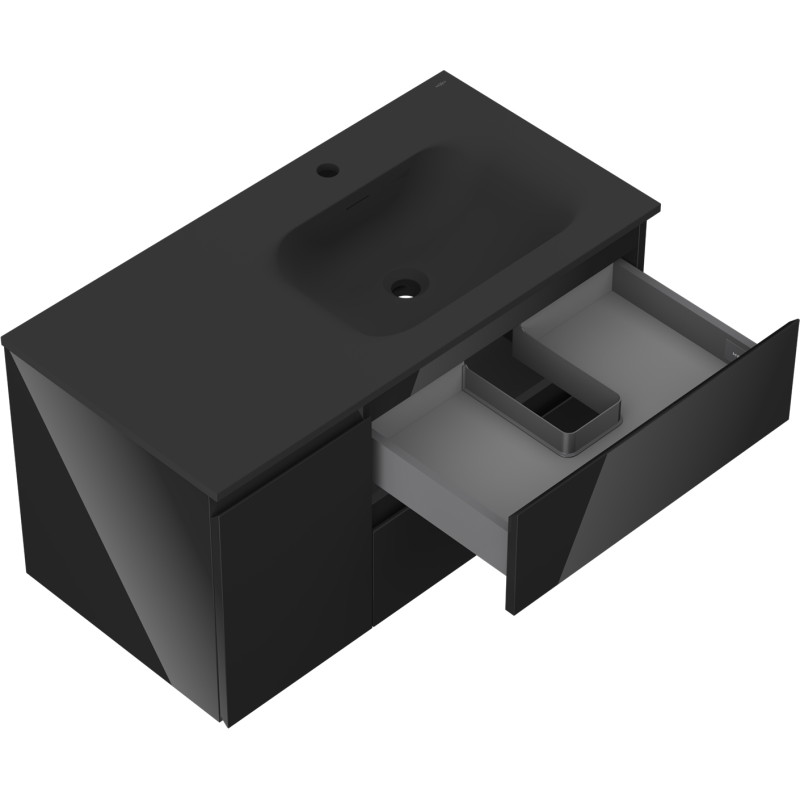 Mexen Orio 90 cm Bathroom Cabinet with Vela Right Sink, 2S, 1D, Black Gloss/Black Matte - 91A13-09047-3-BBFFF70-W23P71