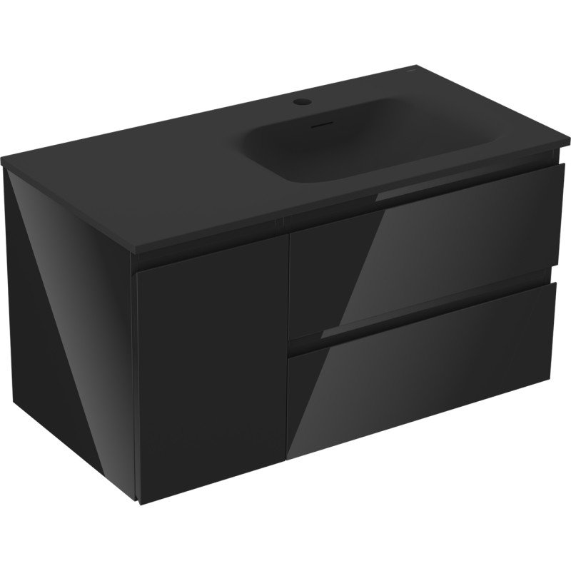 Mexen Orio 90 cm Bathroom Cabinet with Vela Right Sink, 2S, 1D, Black Gloss/Black Matte - 91A13-09047-3-BBFFF70-W23P71