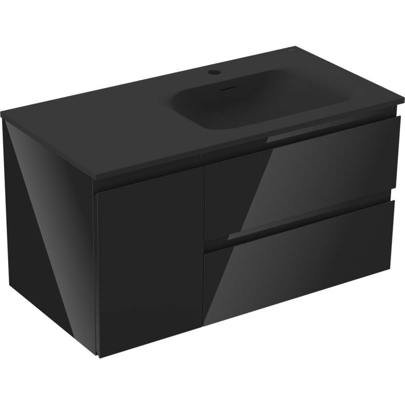 Mexen Orio bathroom cabinet 90 cm with Vela right sink, 2S, 1D, black gloss/black matte - 91A13-09047-3-BBFFF70-W23P71