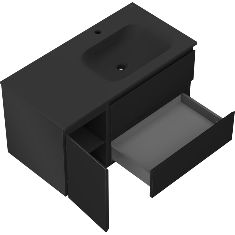 Mexen Orio 90 cm bathroom cabinet with Vela sink right, 2S, 1D, black matte - 91A13-09047-3-BBFFF71-W23P71