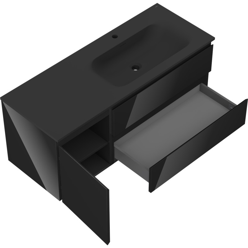 Mexen Orio 120 cm Bathroom Cabinet with Right Vela Sink, 2S, 1D, Black Gloss/Black Matte - 91A13-12047-3-BBFFF70-W23P71