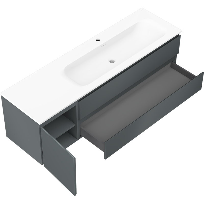 Mexen Orio Bathroom Cabinet 160 cm with Right Vela Sink, 2S, 1D, Matte Graphite/Matte White - 91A13-16047-3-BBFFF66-W23P01
