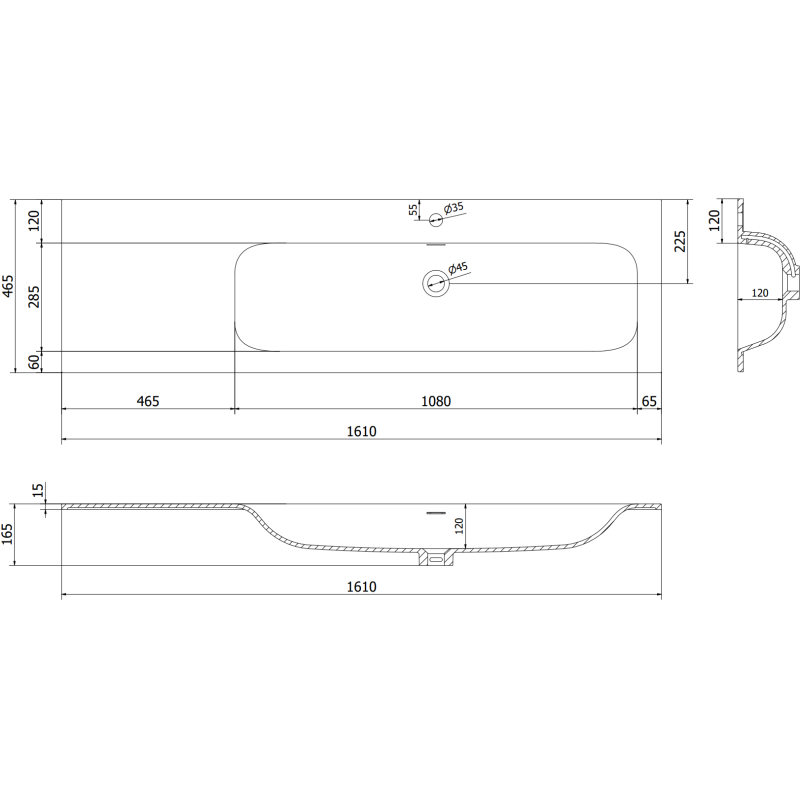 Mexen Orio Bathroom Cabinet 160 cm with Right Vela Sink, 2S, 1D, Matte Graphite/Matte White - 91A13-16047-3-BBFFF66-W23P01