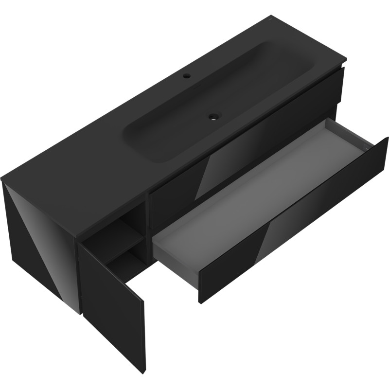Mexen Orio 160 cm Bathroom Cabinet with Vela Right Sink, 2S, 1D, Black Gloss/Black Matte - 91A13-16047-3-BBFFF70-W23P71
