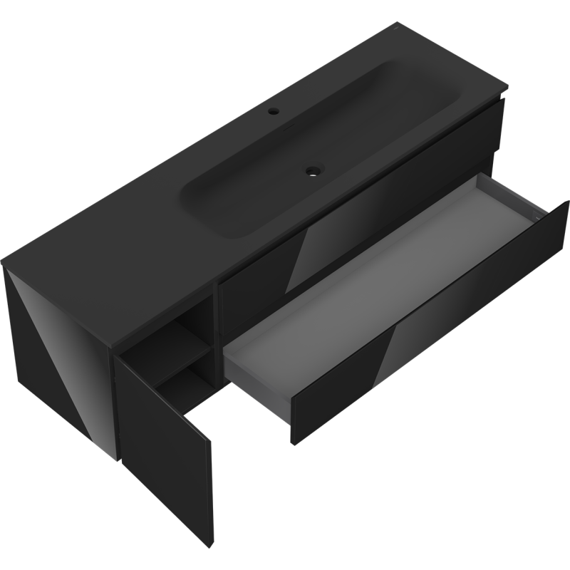 Mexen Orio bathroom cabinet 160 cm with Vela sink right, 2S, 1D, black gloss/black matte - 91A13-16047-3-BBFFF70-W23P71