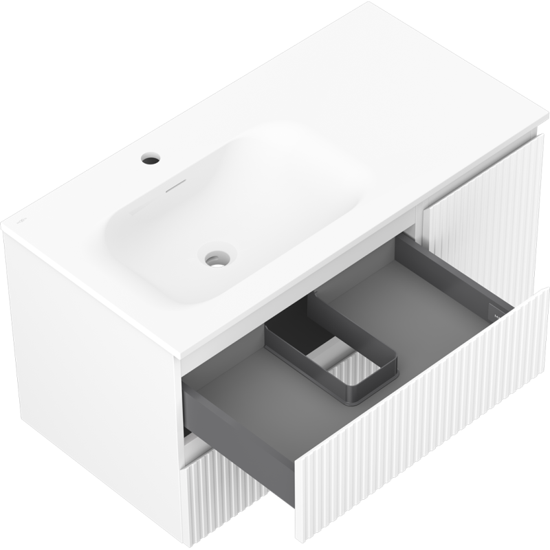 Mexen Rivel bathroom cabinet 90 cm with left Vela sink, 2S, 1D, fluted, white matte - 91A23-09047-3-BBFFF01-W23L01