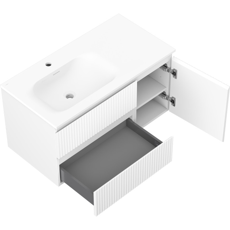 Mexen Rivel 90 cm bathroom cabinet with Vela left sink, 2 drawers, 1 door, grooved, matte white - 91A23-09047-3-BBFFF01-W23L01