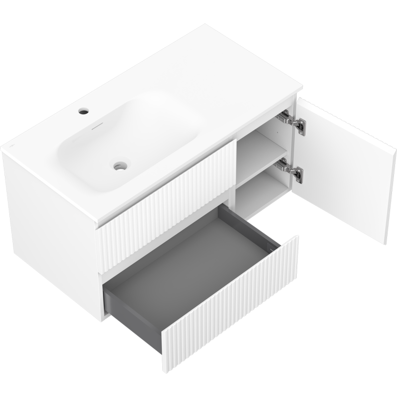 Mexen Rivel bathroom cabinet 90 cm with left Vela sink, 2S, 1D, fluted, white matte - 91A23-09047-3-BBFFF01-W23L01